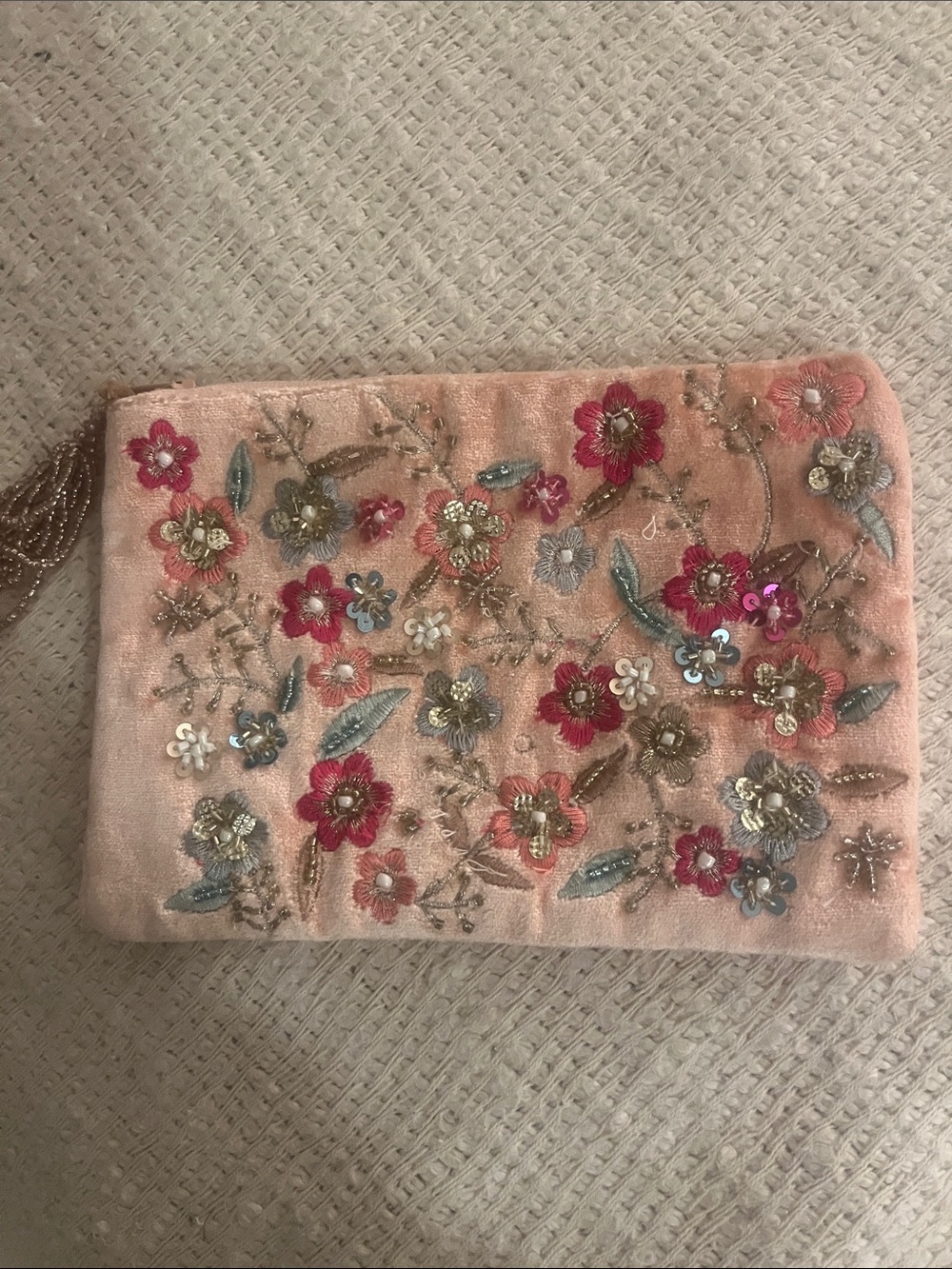 Embroidered Pink Floral Clutch Bag